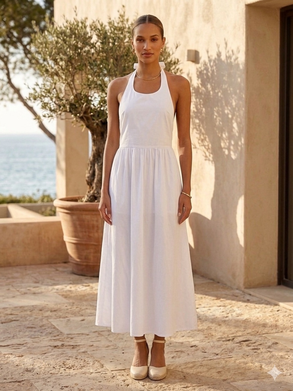 En Saison White Halter Midi Dress Open Back Sleeveless A-Line Size S Resort